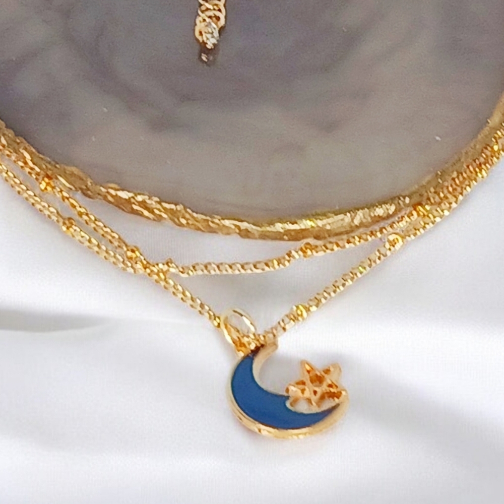 Long Gold Necklace Crescent Moon Star Charm Earth Art Whimsygoth 1960s Galactic
